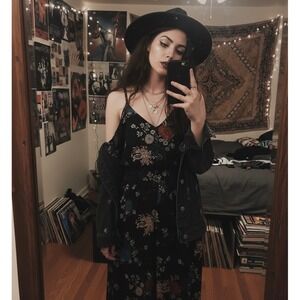 Zara Floral Print Jumpsuit M‎ Black Boho Grunge Whimsigoth Off the Shoulder